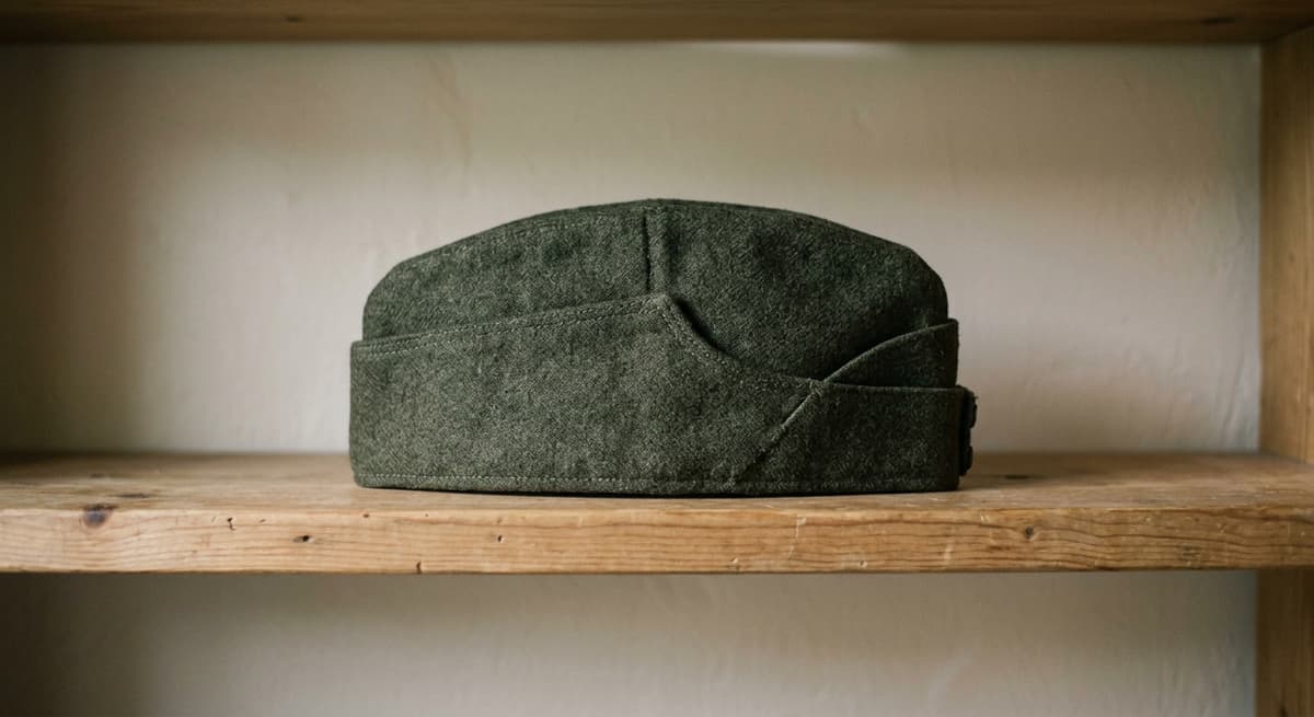 a folded military uniform cap resting on a plain shelf