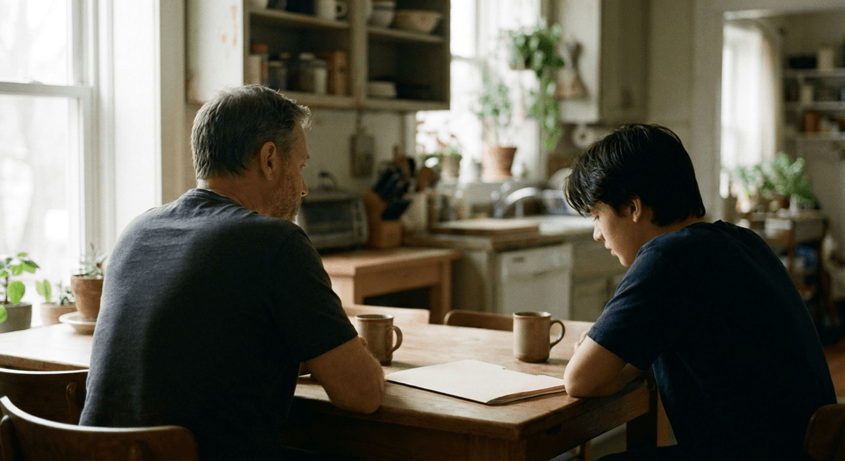 Parent and teenager seated at a kitchen table with two mugs and a closed folder between them, seen from behind