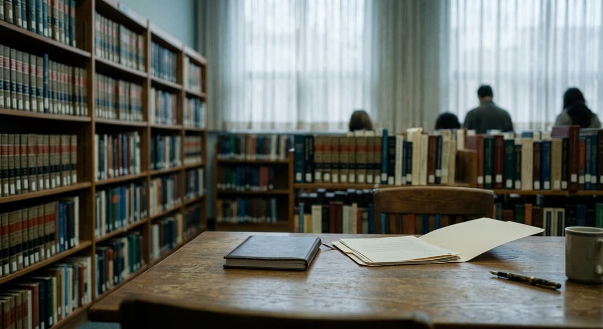 library reading room with rows of law books and a wooden desk