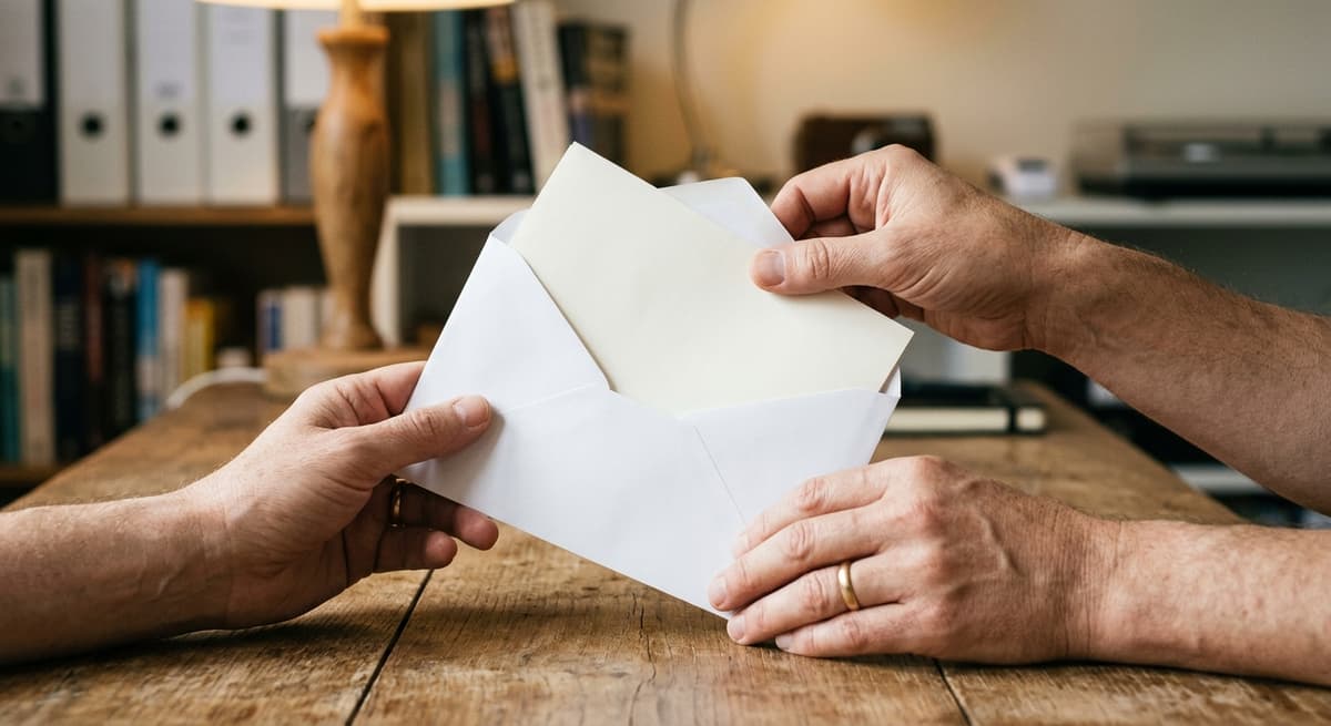 hands placing a document into a white envelope