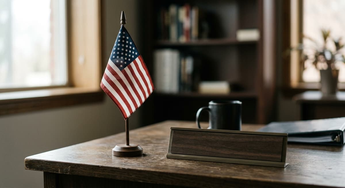 small American flag standing on a desk beside a nameplate