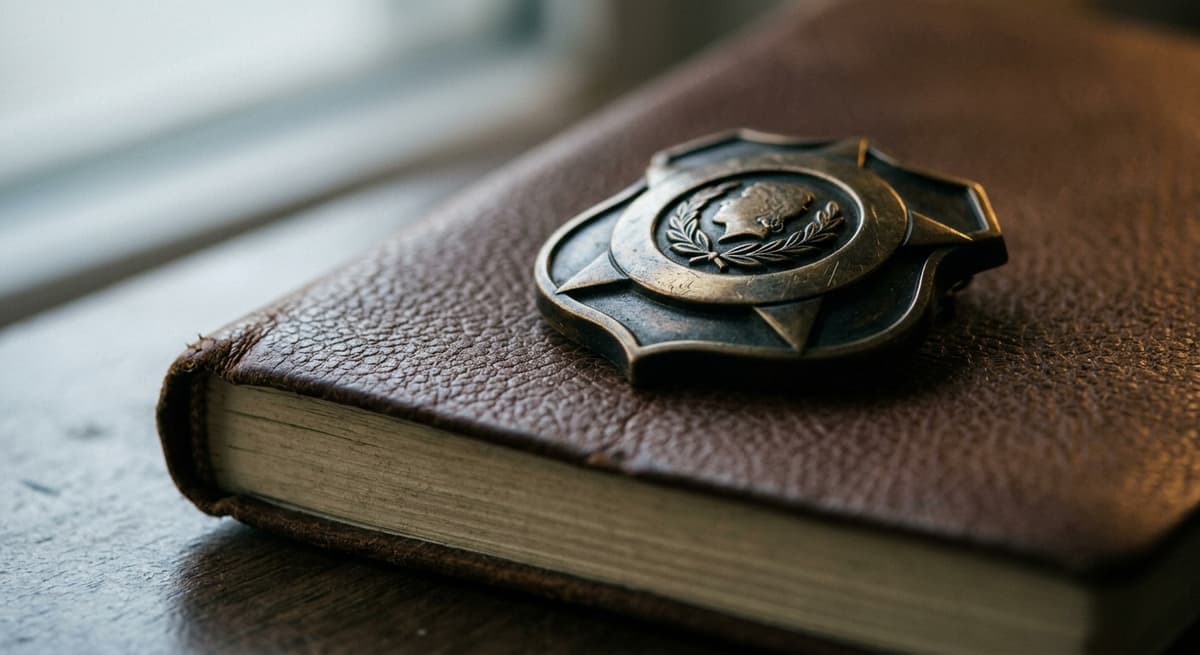 police badge resting on a notebook