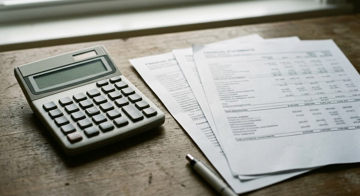 calculator beside printed financial statements on a desk