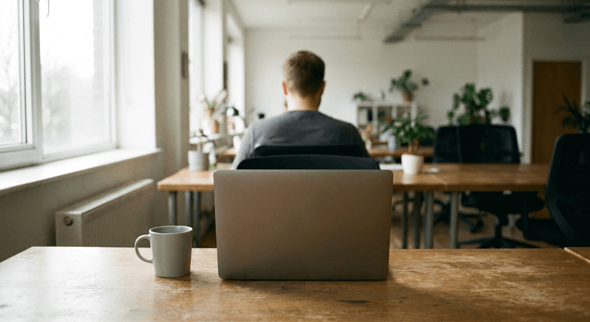 employee at a desk in a bright open office behind a laptop with a plain grey lid and a mug