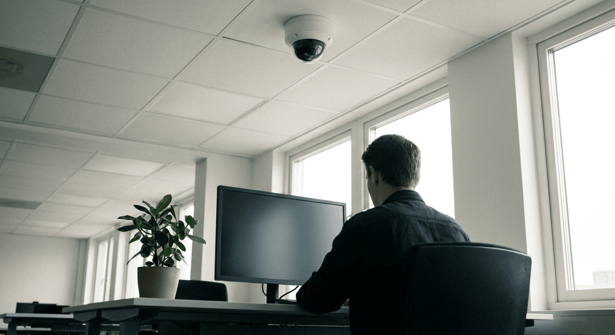 Office worker seen from behind at a desk with a plain monitor, a white dome camera on the ceiling above