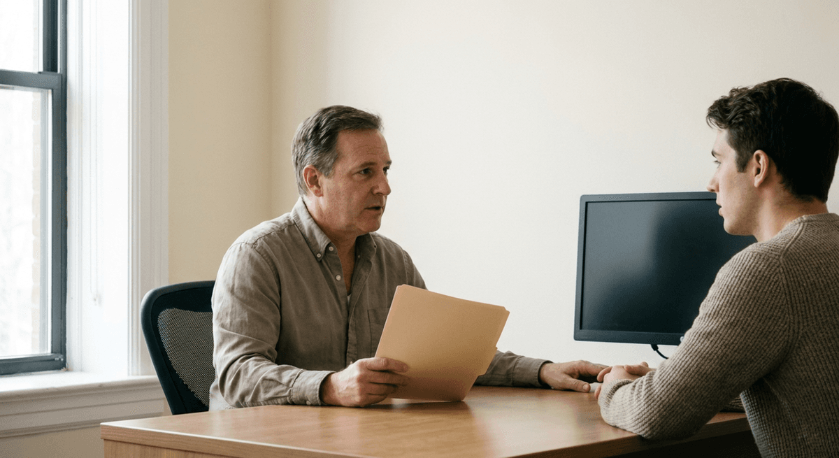 A manager and an employee talking across a desk, the manager holding a closed plain folder