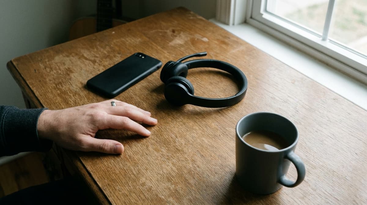Teléfono, audífonos inalámbricos y taza de café sobre una mesa de madera con una mano al lado