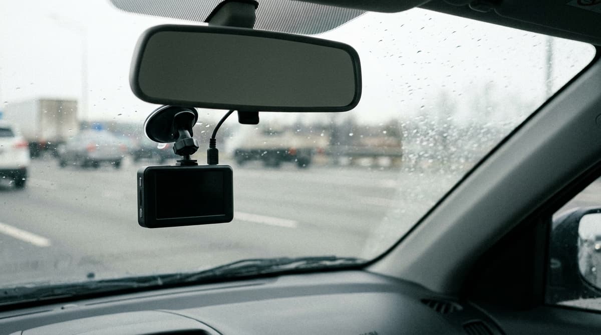 Pequeña cámara de tablero montada en el parabrisas de un auto con vista a una carretera lluviosa