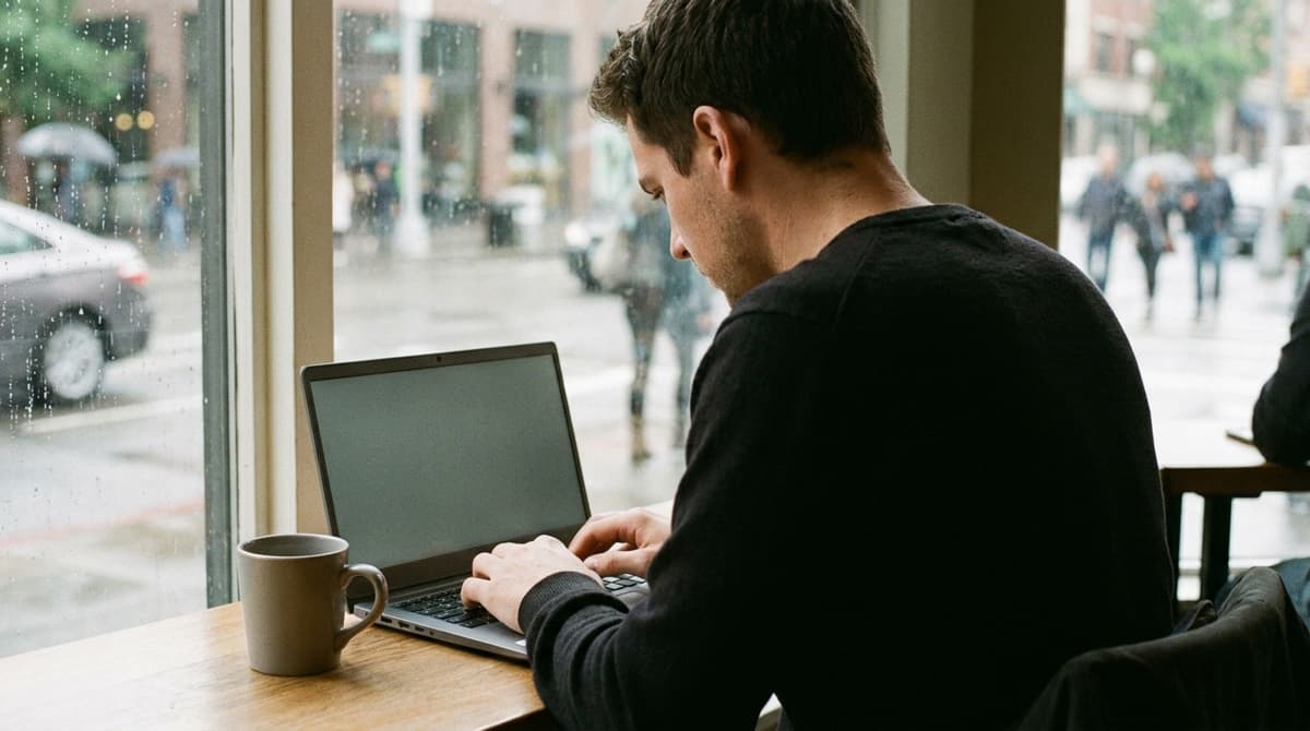 Persona escribiendo en una laptop lisa en una mesa junto a la ventana de una cafetería con una taza de café