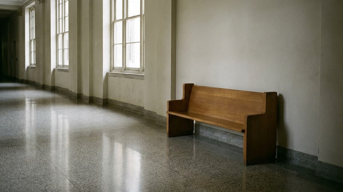 Pasillo vacío estilo tribunal con piso pulido, ventanas altas y una banca de madera
