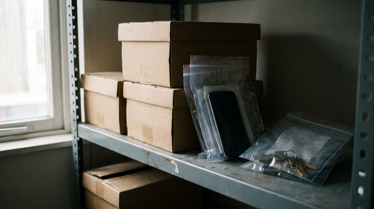 Cajas de cartón y bolsas transparentes selladas con un teléfono y llaves sobre un estante metálico