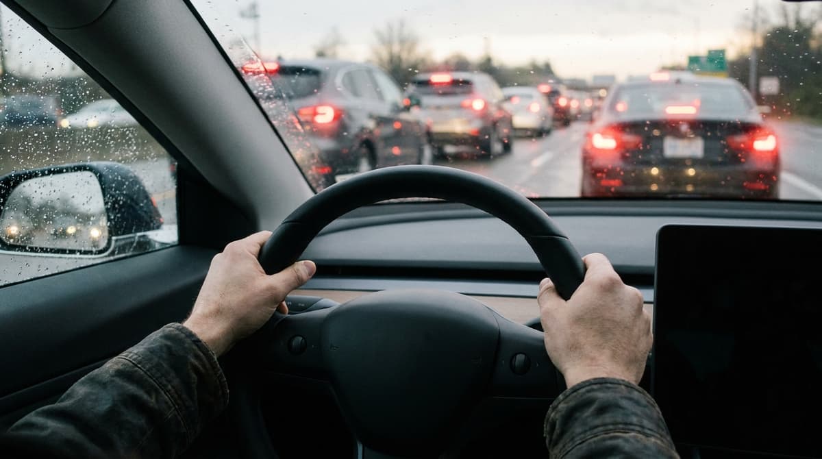 Manos de un conductor en el volante mirando por un parabrisas con lluvia el tráfico lento en la autopista
