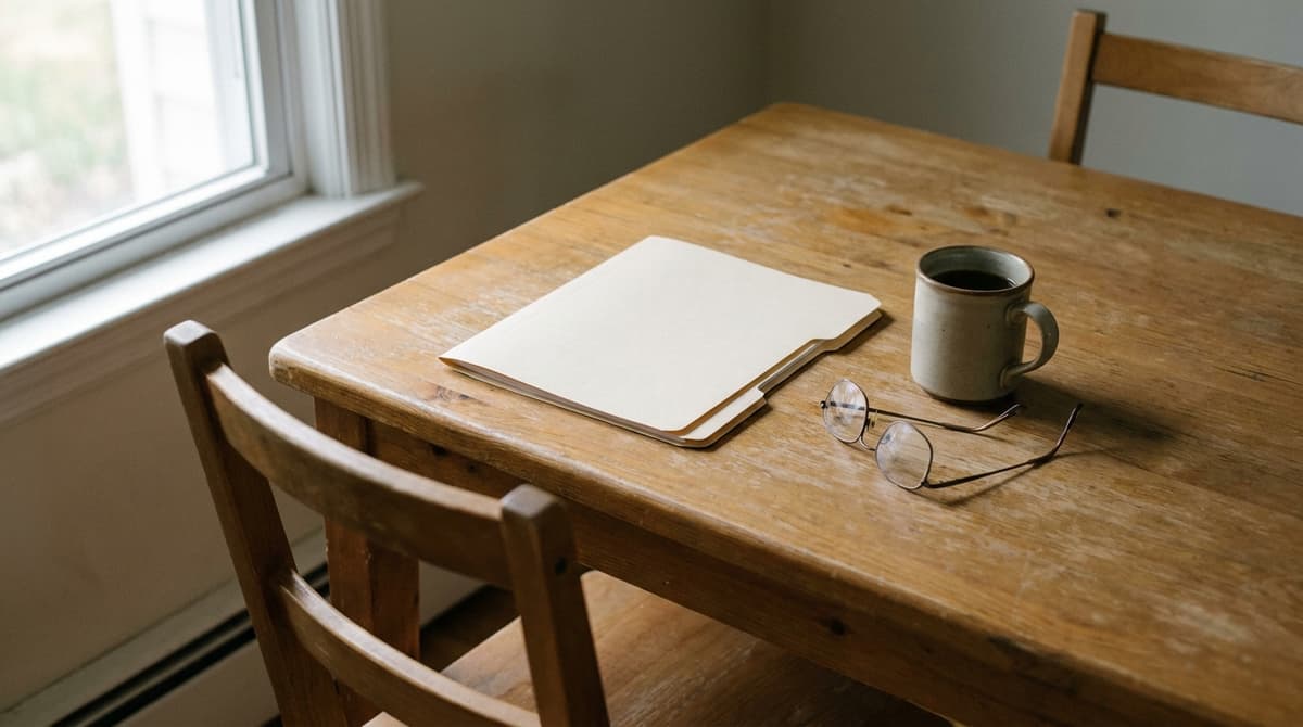 Carpeta cerrada en blanco, taza de café y gafas de lectura sobre una mesa de cocina de madera desgastada