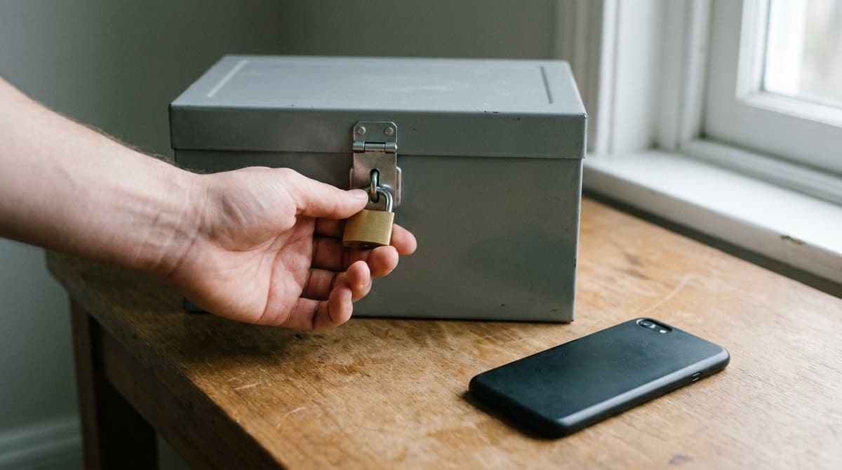 Mano sujetando un pequeño candado de latón en una caja metálica gris junto a un teléfono boca abajo