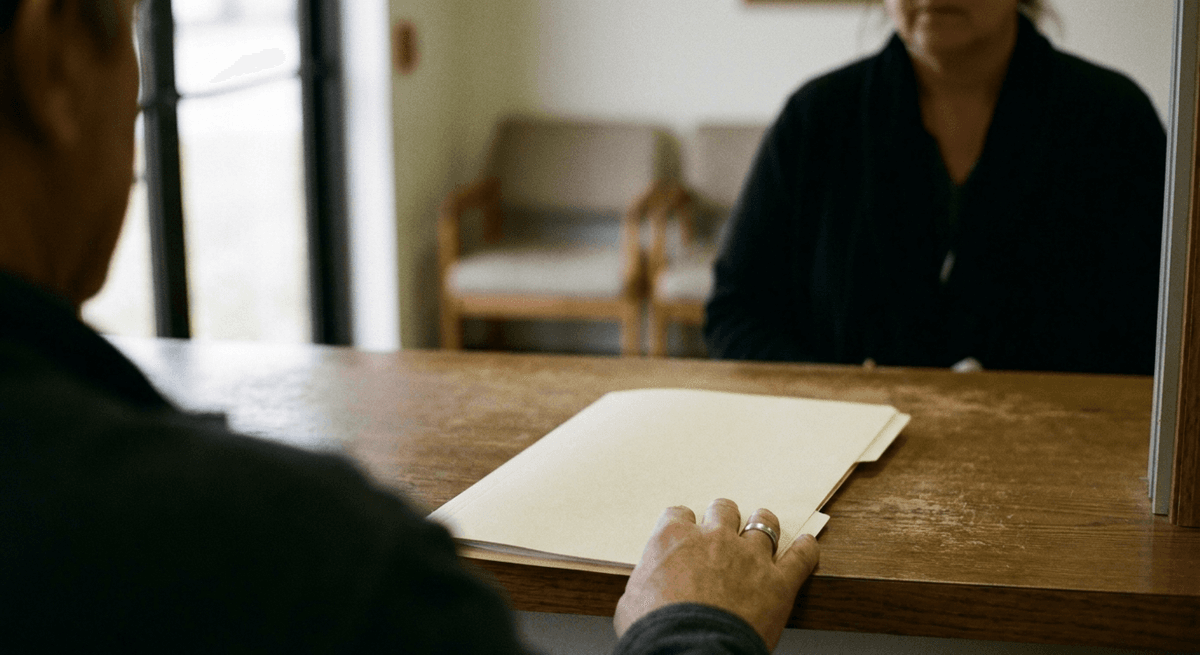 a hand resting on a closed manila folder on a service counter with a blurred clerk behind it