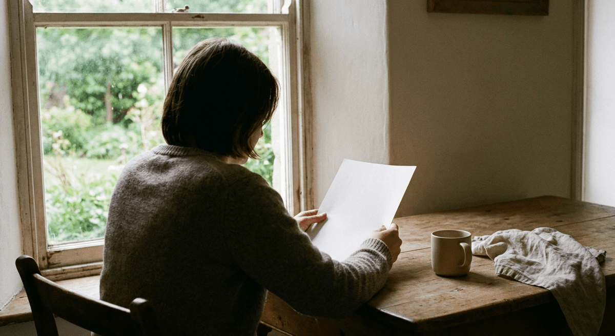 Person seen from behind at a wooden kitchen table reading a blank sheet of paper by a garden window