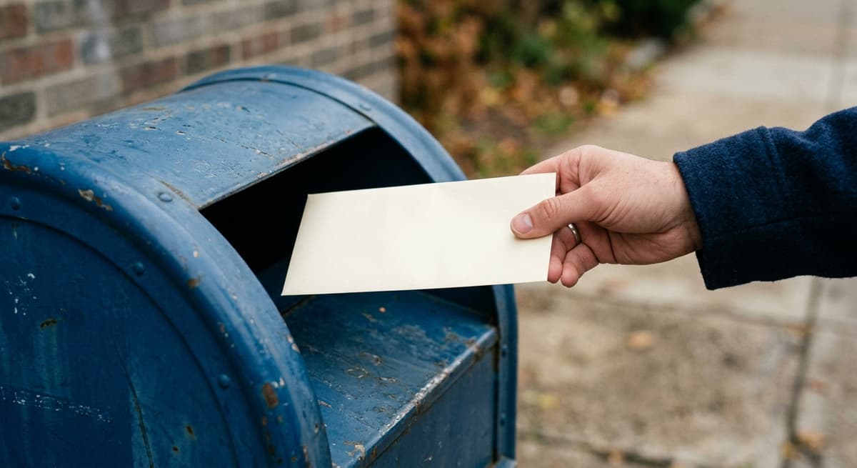 a close crop of a hand dropping a letter into a blue curbside mailbox, overcast light