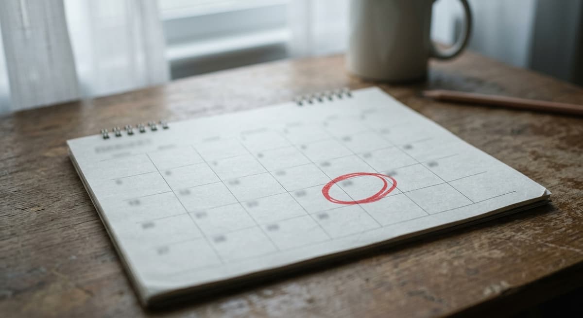 a desk calendar page with a red circle around one date, shallow depth of field, numbers unreadable