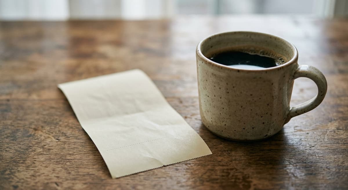 a close crop of a direct-deposit-style bank receipt beside a coffee cup, figures blurred, morning light