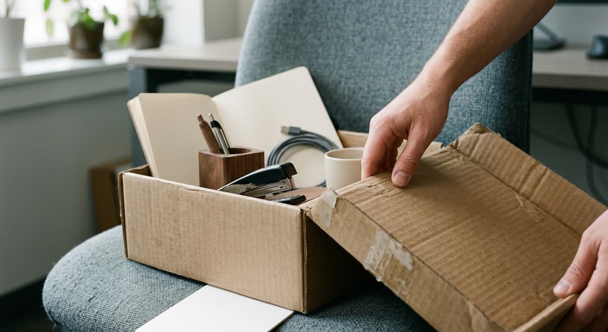 a cardboard box lid being closed over office items on a chair, hands only, neutral light
