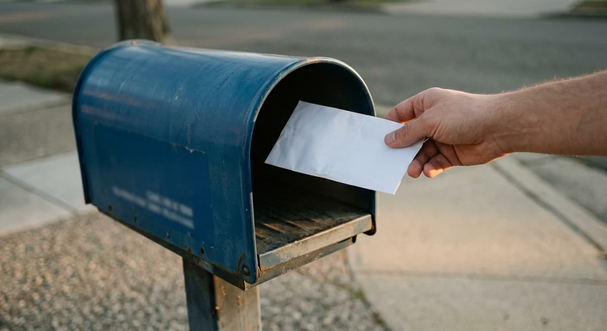 a close crop of a hand dropping a letter into a blue curbside mailbox, overcast light
