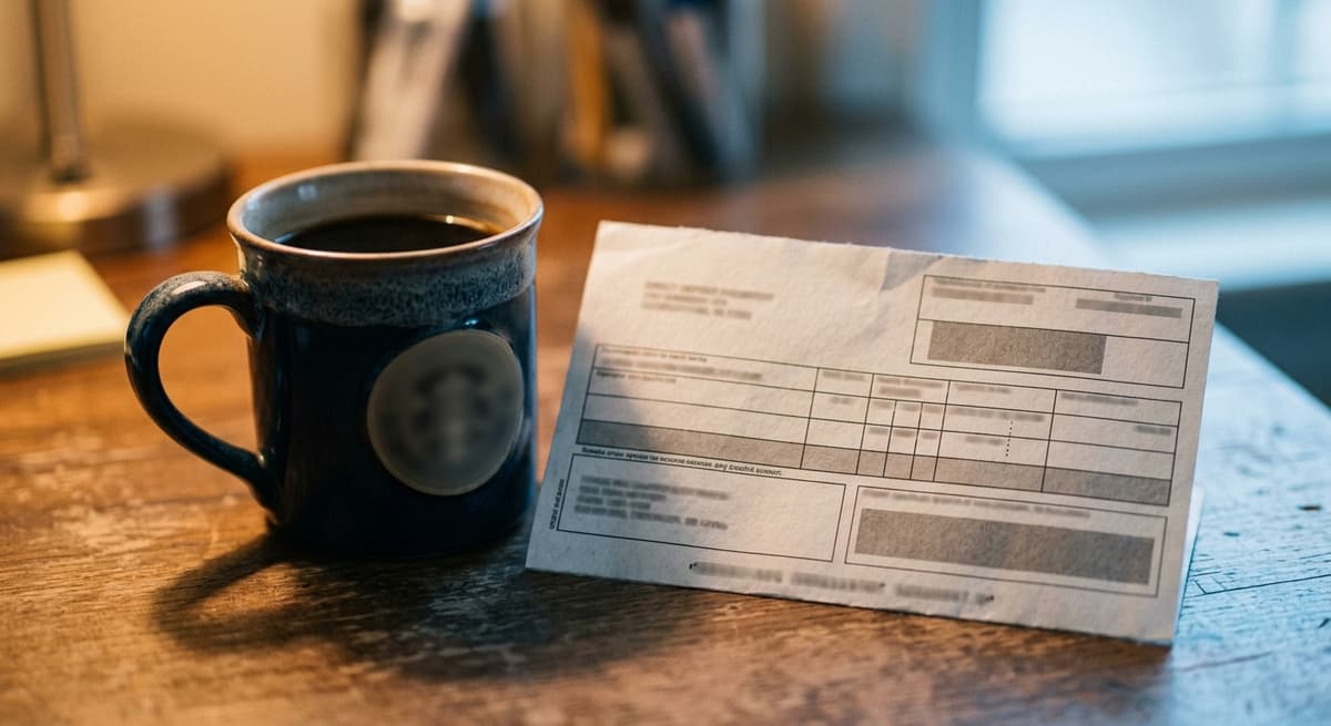 a close crop of a direct-deposit-style bank receipt beside a coffee cup, figures blurred, morning light