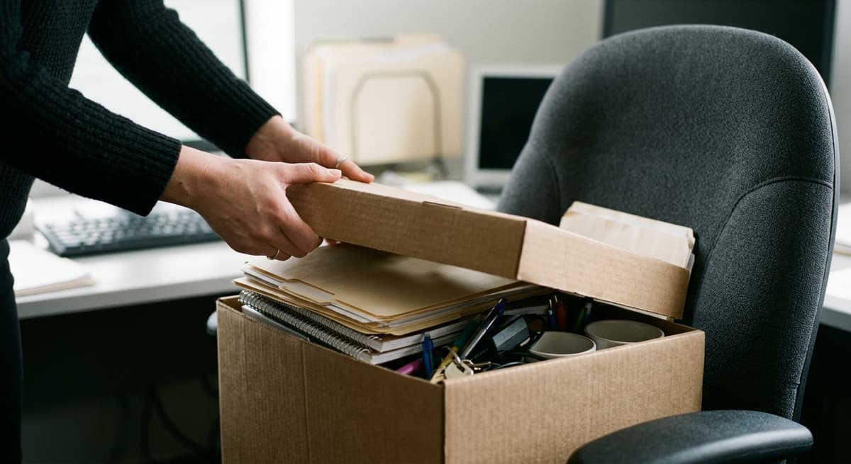 a cardboard box lid being closed over office items on a chair, hands only, neutral light