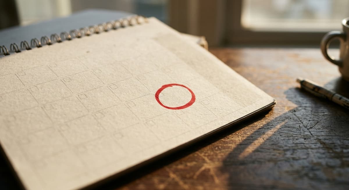 a desk calendar page with a red circle around one date, shallow depth of field, numbers unreadable