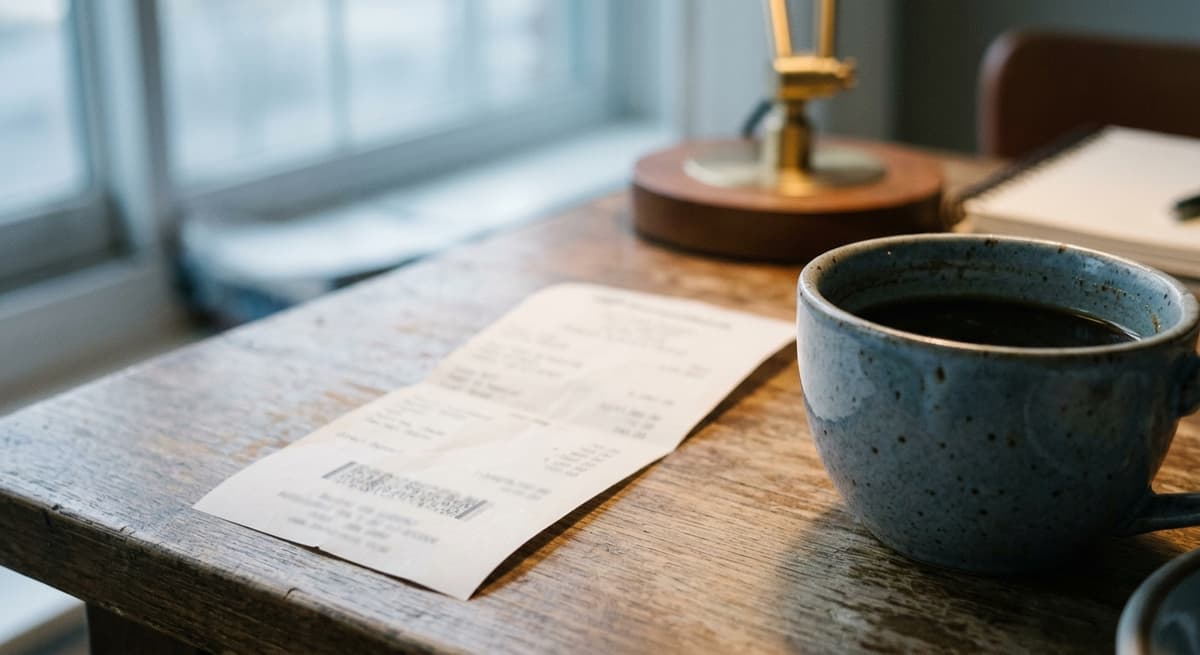 a close crop of a direct-deposit-style bank receipt beside a coffee cup, figures blurred, morning light