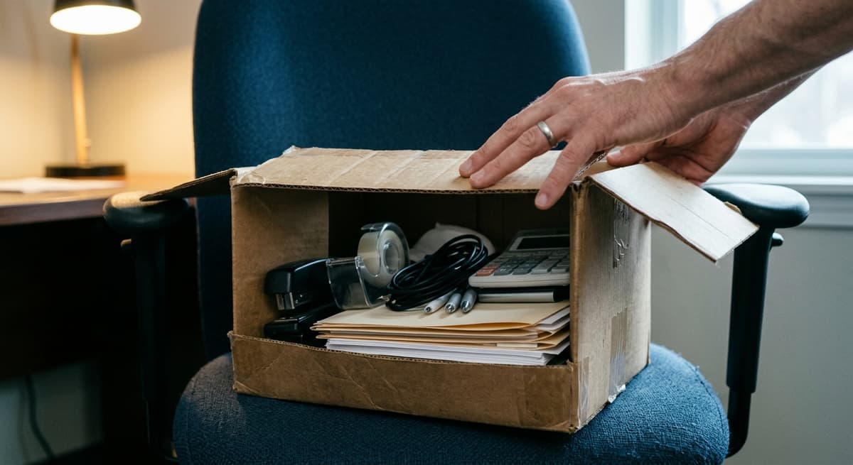 a cardboard box lid being closed over office items on a chair, hands only, neutral light