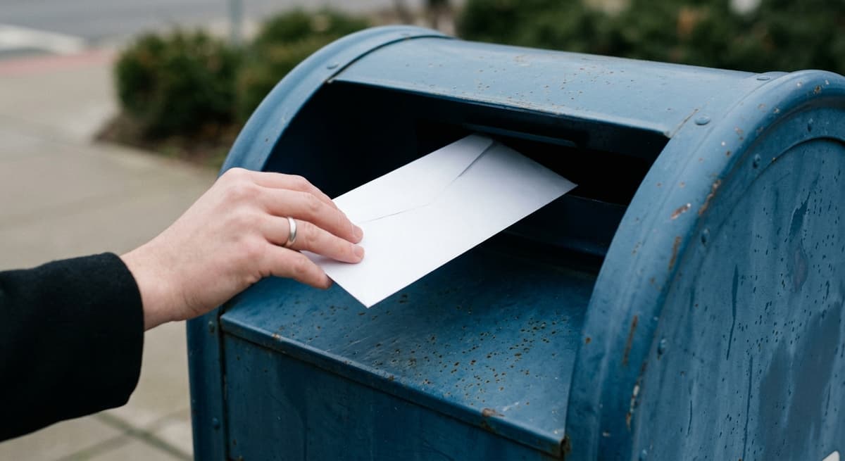a close crop of a hand dropping a letter into a blue curbside mailbox, overcast light