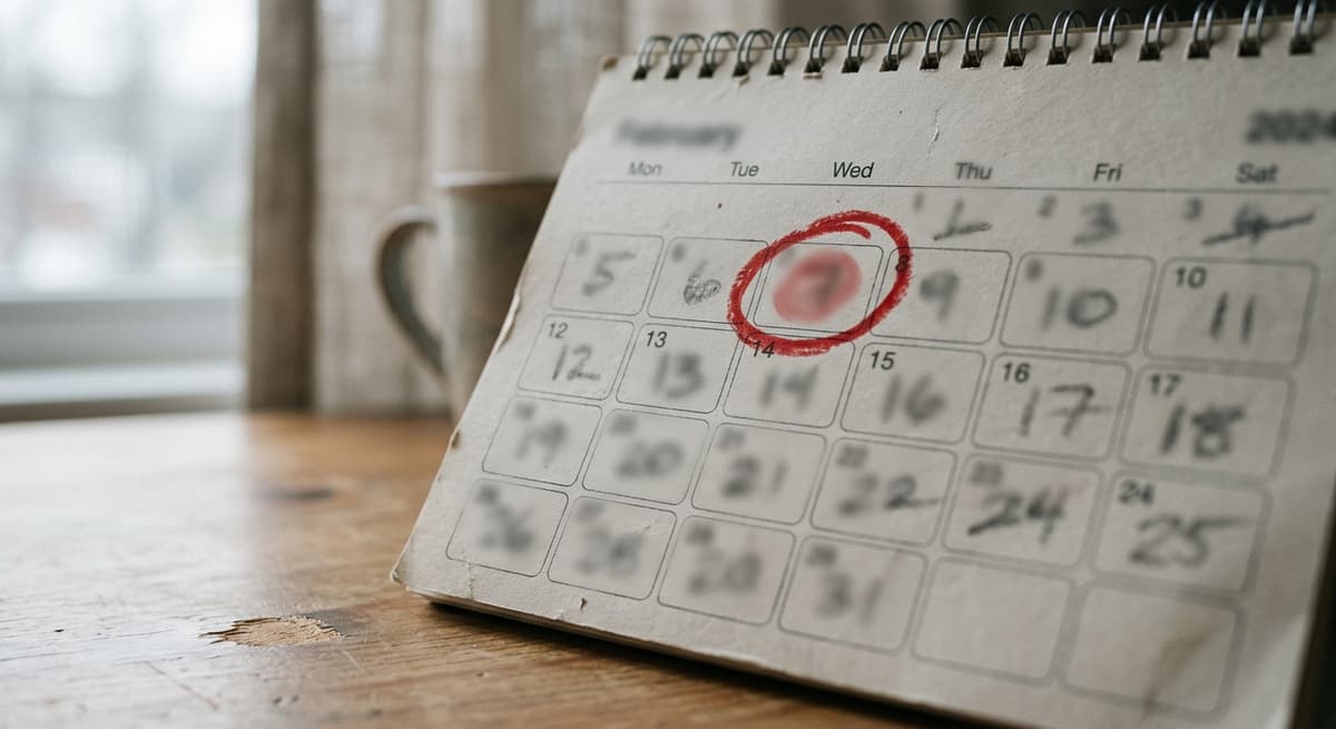 a desk calendar page with a red circle around one date, shallow depth of field, numbers unreadable