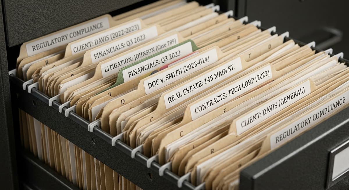general legal: filing cabinet with organized legal folders