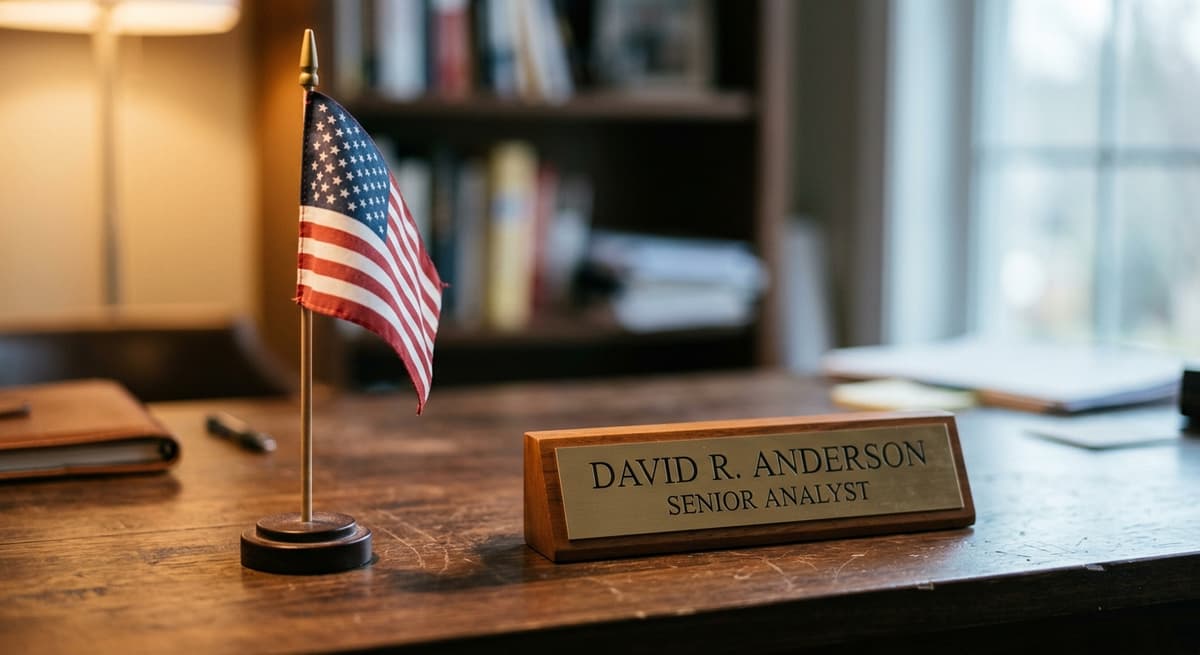 small American flag standing on a desk beside a nameplate