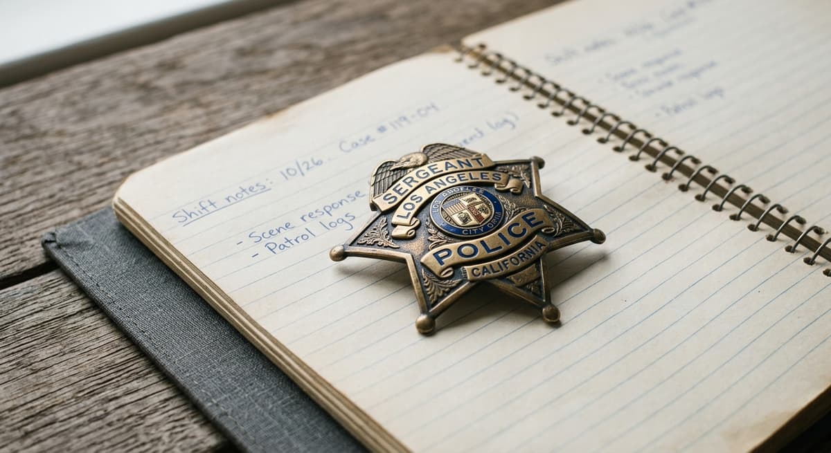 police badge resting on a notebook