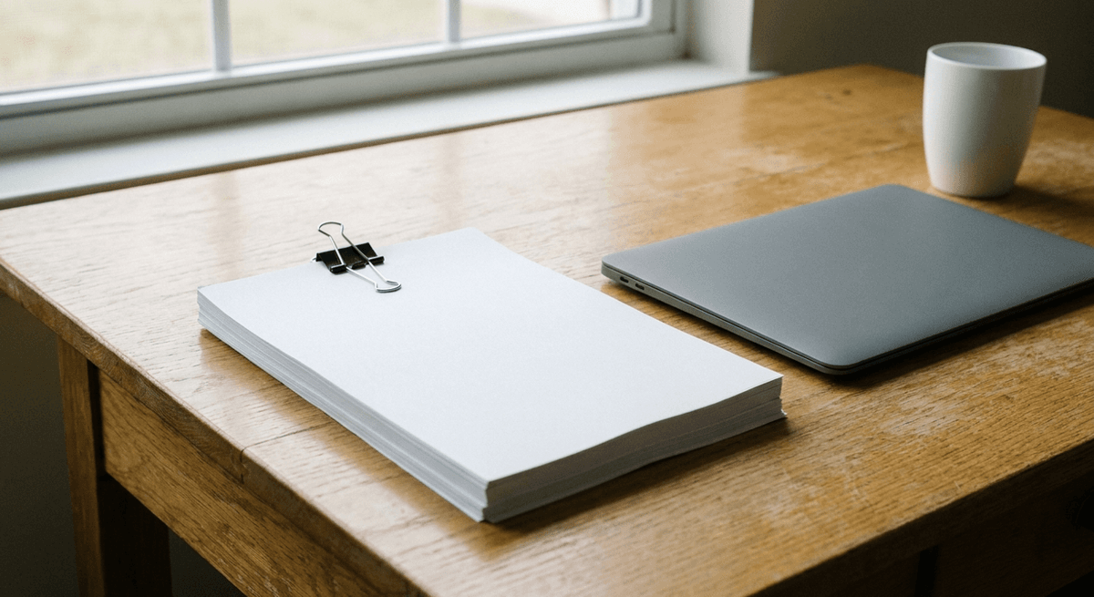 a thick stack of blank paper held by a binder clip beside a closed laptop on a desk