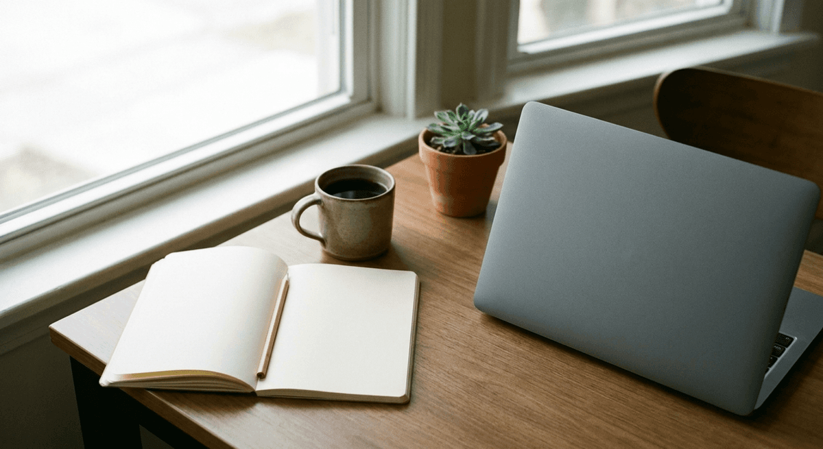 an open blank notebook, a mug and a closed laptop on a desk beside a window