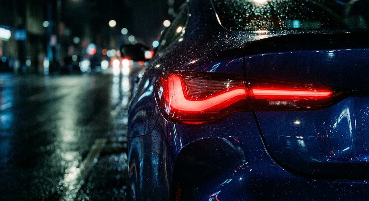extreme close-up of a car rear corner with a glowing red tail light at night