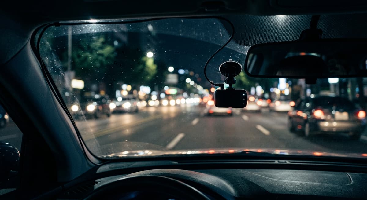 a small dashboard camera mounted on a car windshield at night with blurred road lights ahead