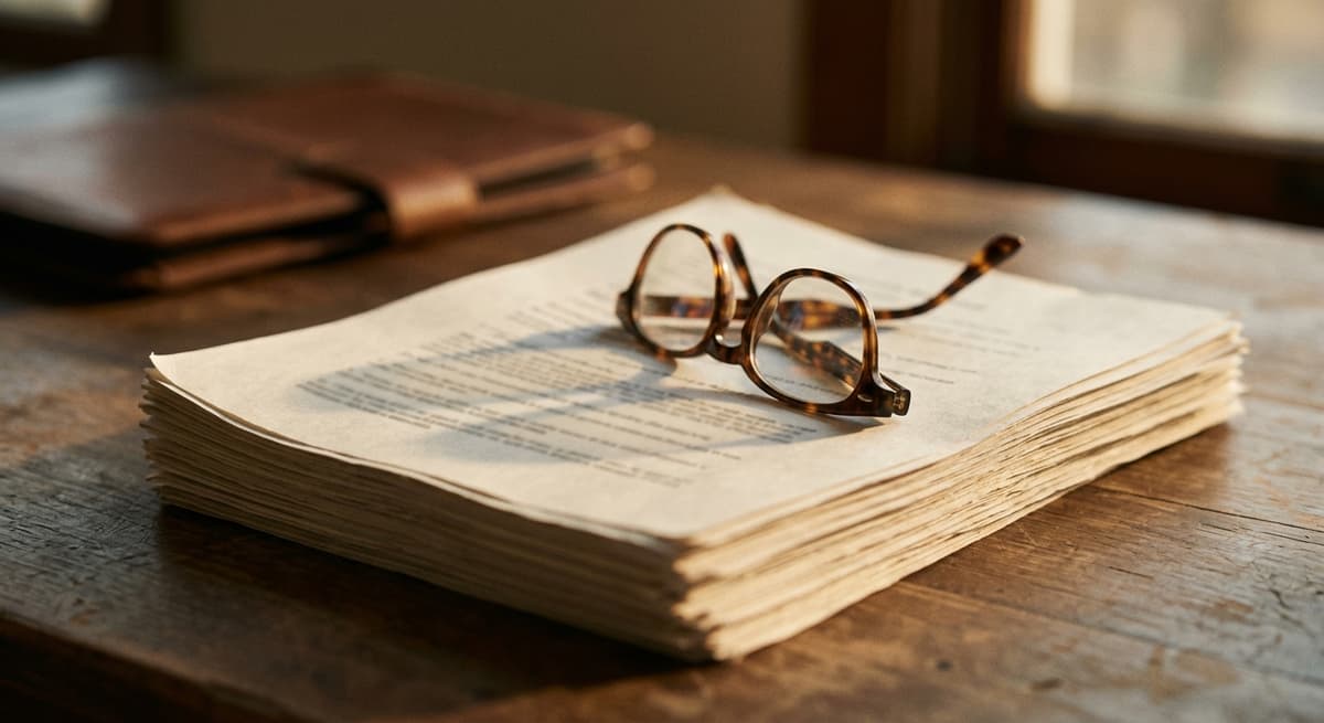 a stack of court petition papers with a pair of folded reading glasses on top, shallow focus, text blurred