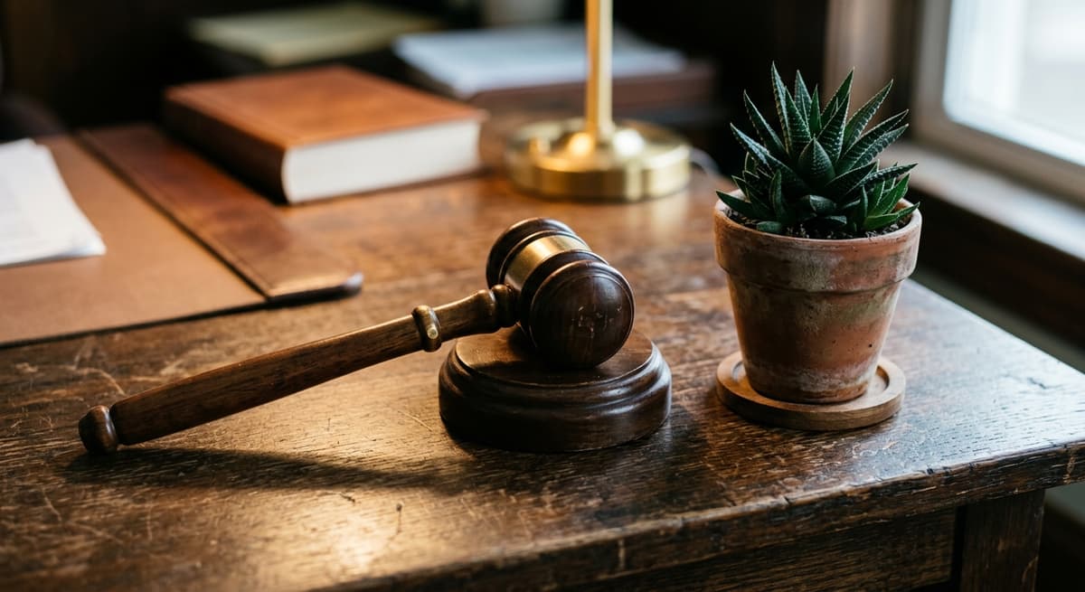 a gavel resting beside a small potted plant on a judges bench, tight neutral crop