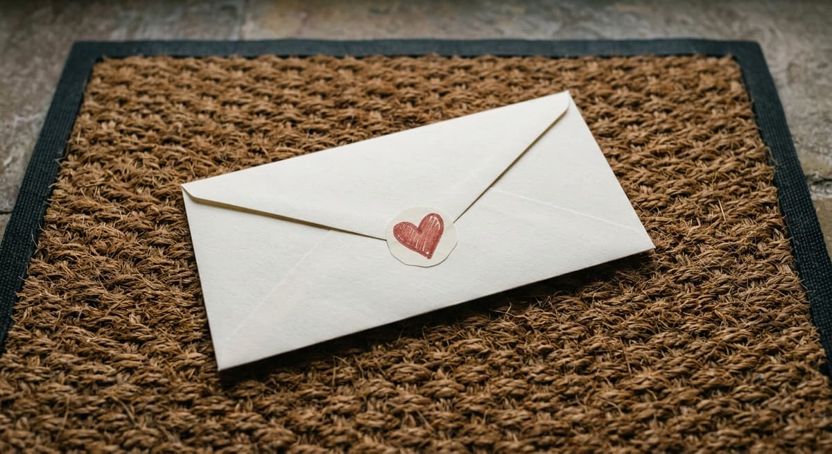 an envelope with a hand-drawn heart sticker on the flap lying on a doormat, seen from above
