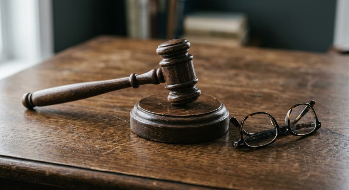 gavel resting on a sound block beside a folded pair of reading glasses on a wooden surface