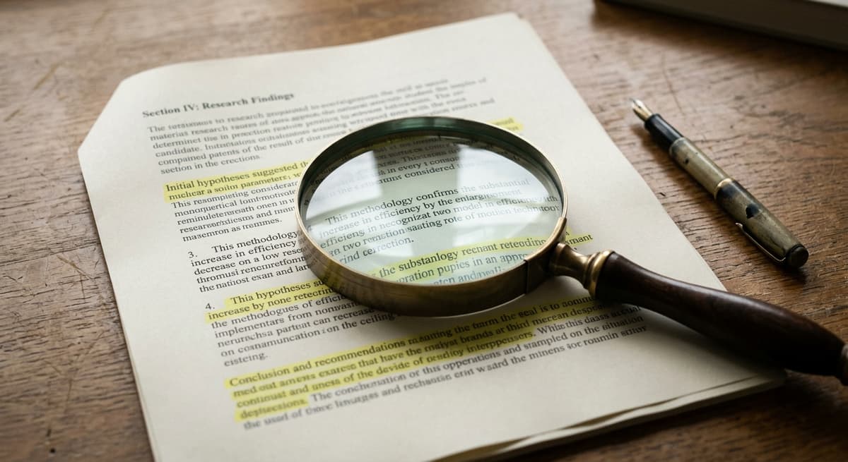 magnifying glass over a printed document with highlighted paragraphs on a desk