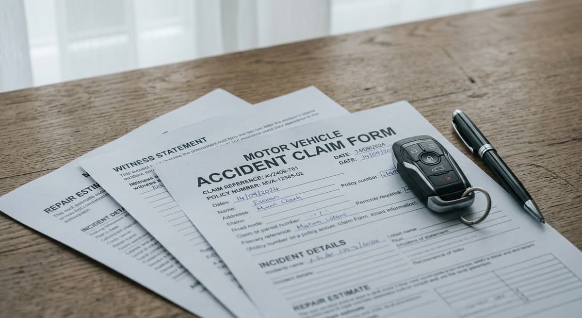 Nevada insurance claim documents fanned out on a desk with car keys and a pen