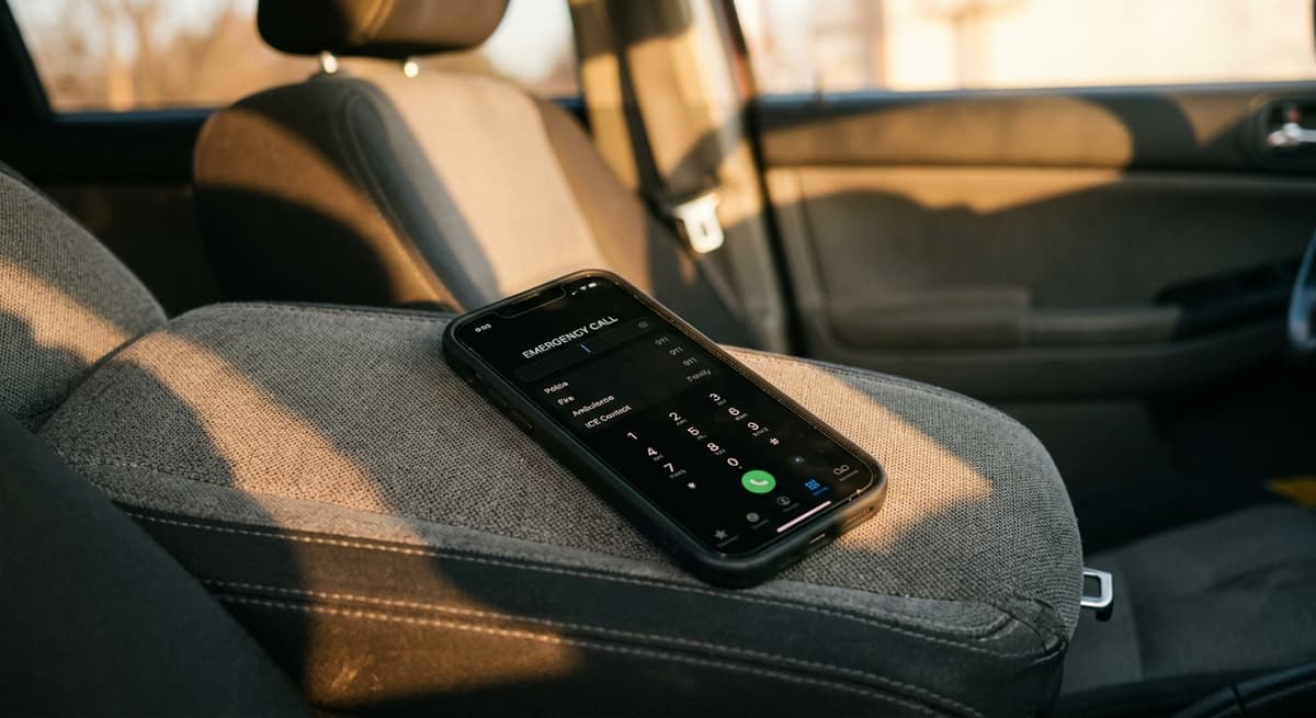 Nevada smartphone showing a dialing screen with emergency numbers, lying on a car seat