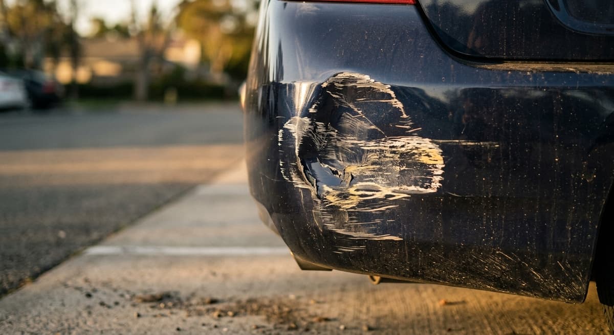Manitoba car rear bumper with a fresh dent and paint transfer marks