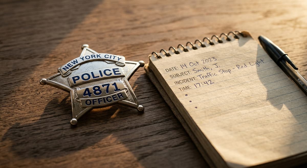Saskatchewan police badge and notepad on a desk surface