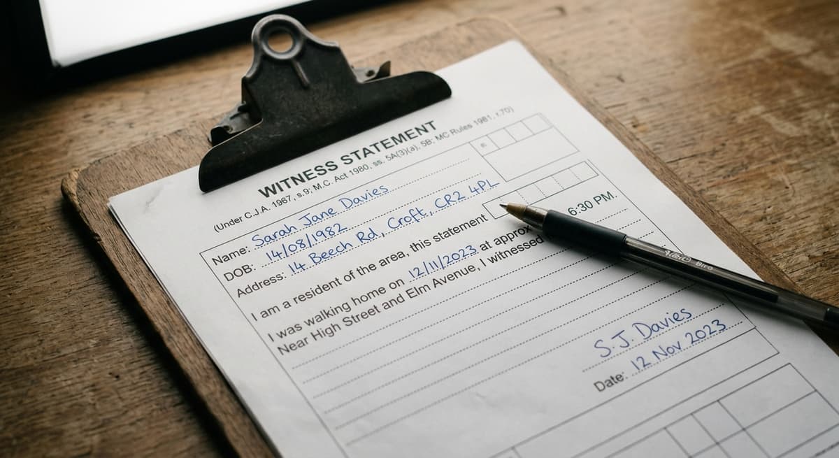 witness statement form on a clipboard with a pen