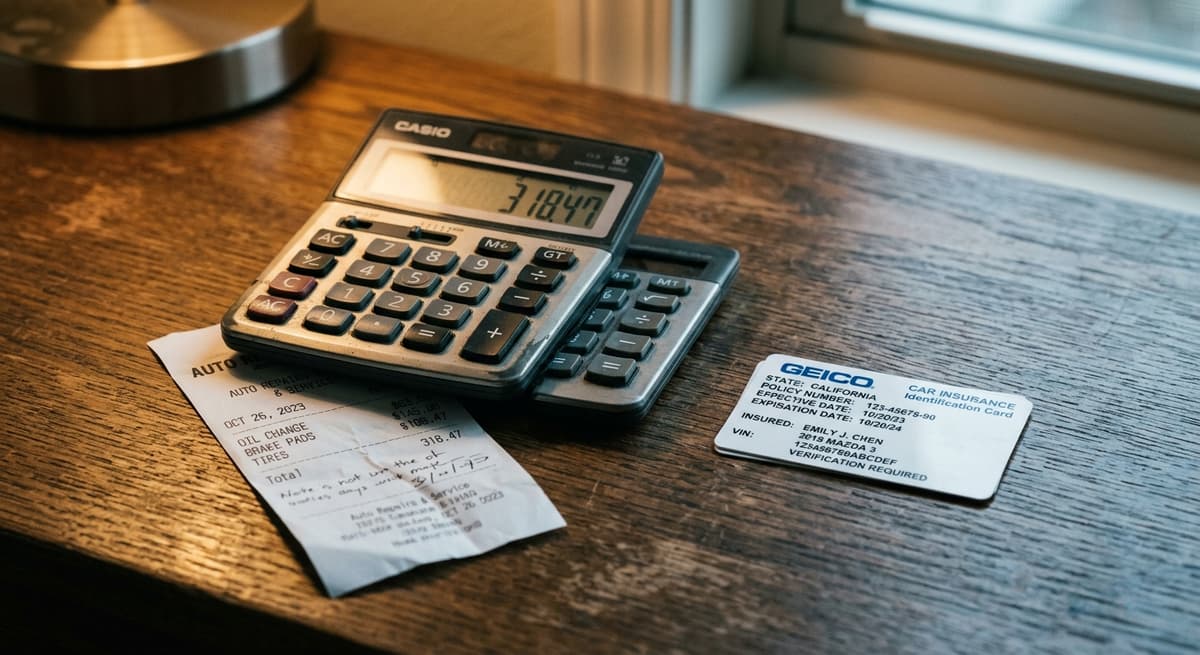 hit and run: calculator and receipt on a desk beside a car insurance card